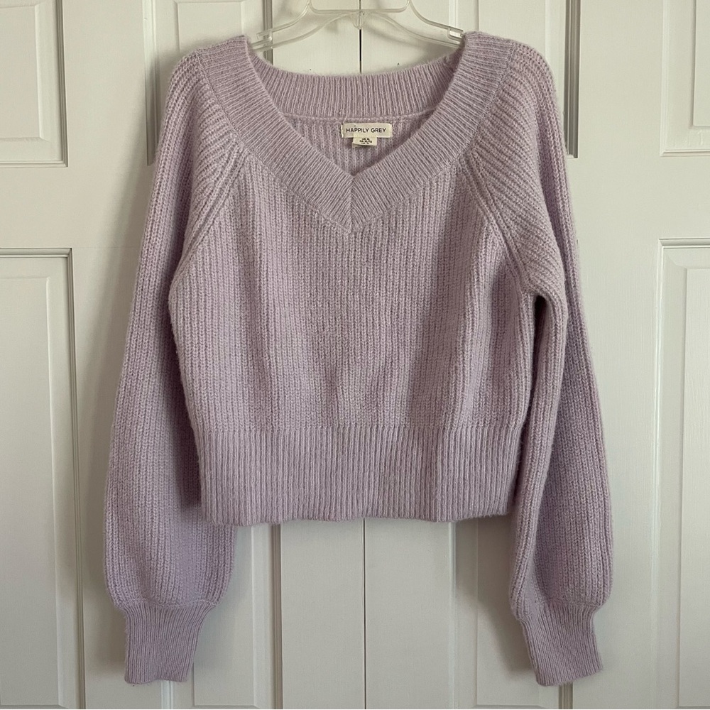 Happily Grey Lilac Knit Long Sleeve V-Neck Sweater, Size XL, EUC